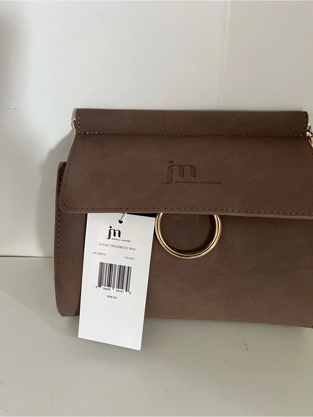 Jessica Moore Brown suede Crossbody with Gold Ring Accent